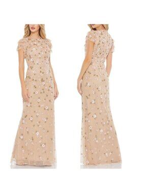 NEW Mac Duggal Floral Embellished High Neck Flutter Sleeves Dress Beige Size: 12